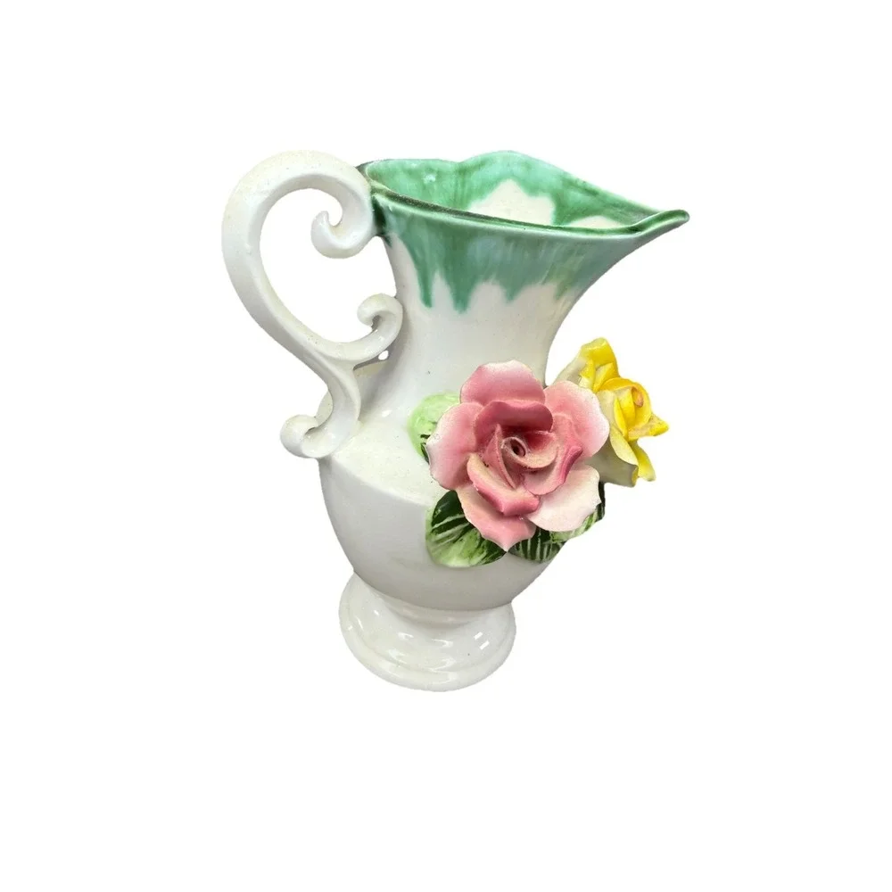 Vintage Wales Japan Ceramic Rose Pitcher Vase Pink Yellow Flowers Green Drip